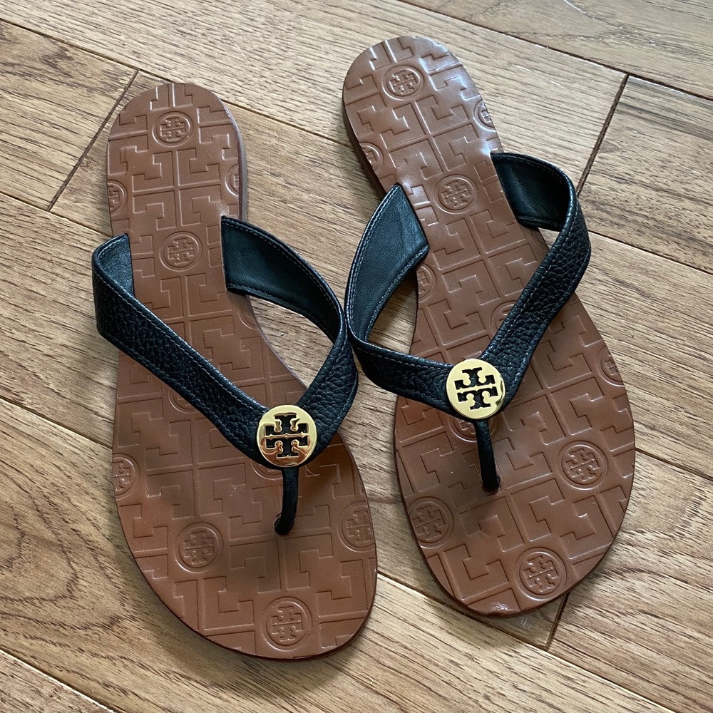 Tory Burch Black Thora Thong Leather Sandals 8